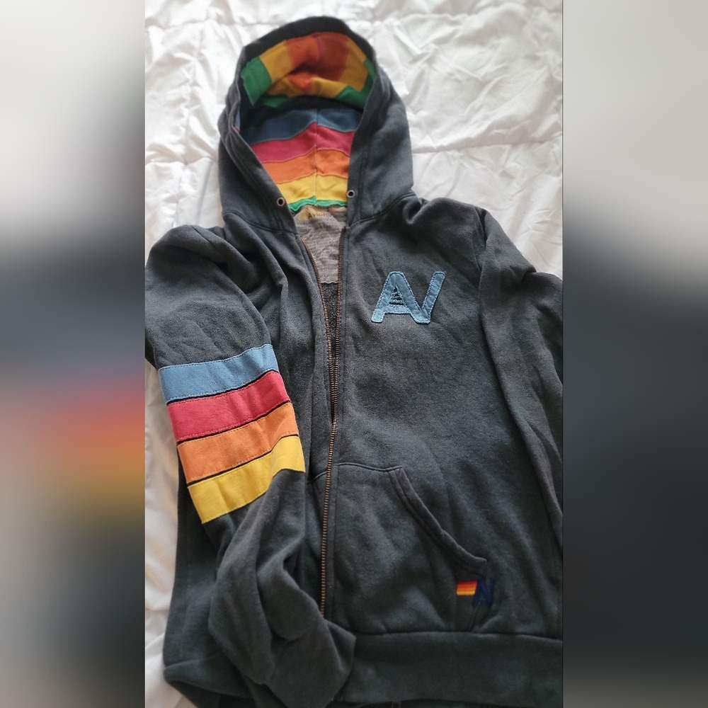 Aviator Nation Charcoal Hoodie with Rainbow Stripes